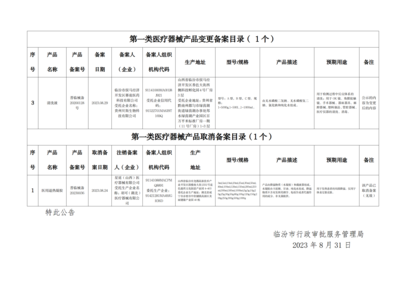 临汾市行政审批服务管理局核发《第一类医疗器械备案编号告知书》和《第一类医疗器械备案信息表》公示